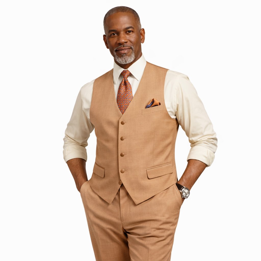 Men’s Solid 3 Piece Suit – Light Amber Regular Fit Vest V2RK-4