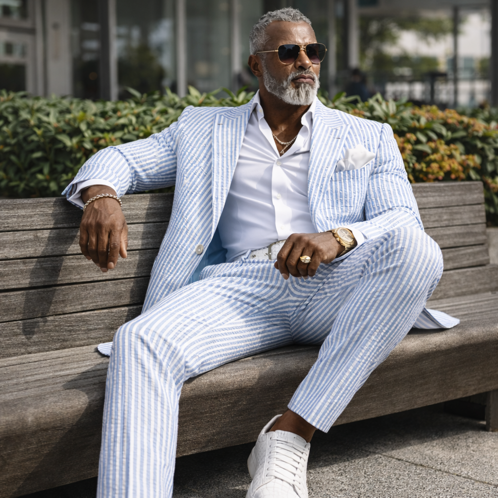 Inserch Men’s Premium Cotton Seersucker Stripe Suit – Light Blue