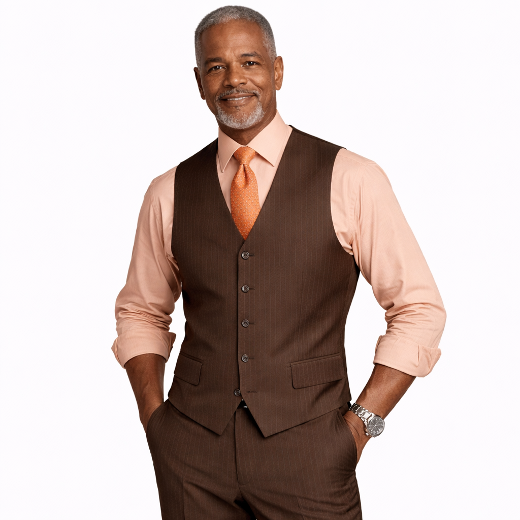 Men’s Shadow Stripe 3 Piece Suit – Brown Regular Fit Vest V2RS-7