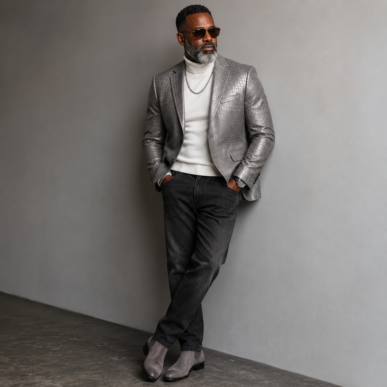 Men’s Croc Embossed Vegan Leather Blazer – Gray