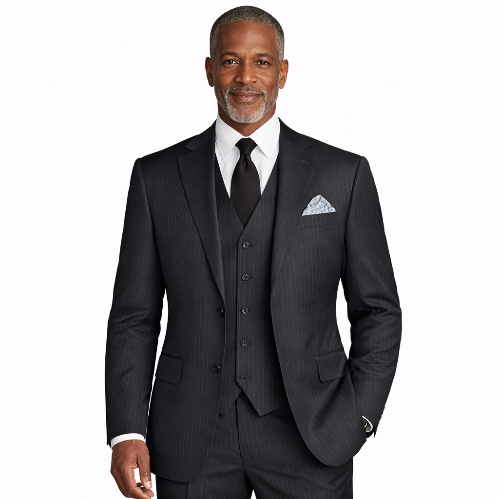 Men’s Shadow Stripe 3 Piece Suit – Black Regular Fit Vest V2RS-7