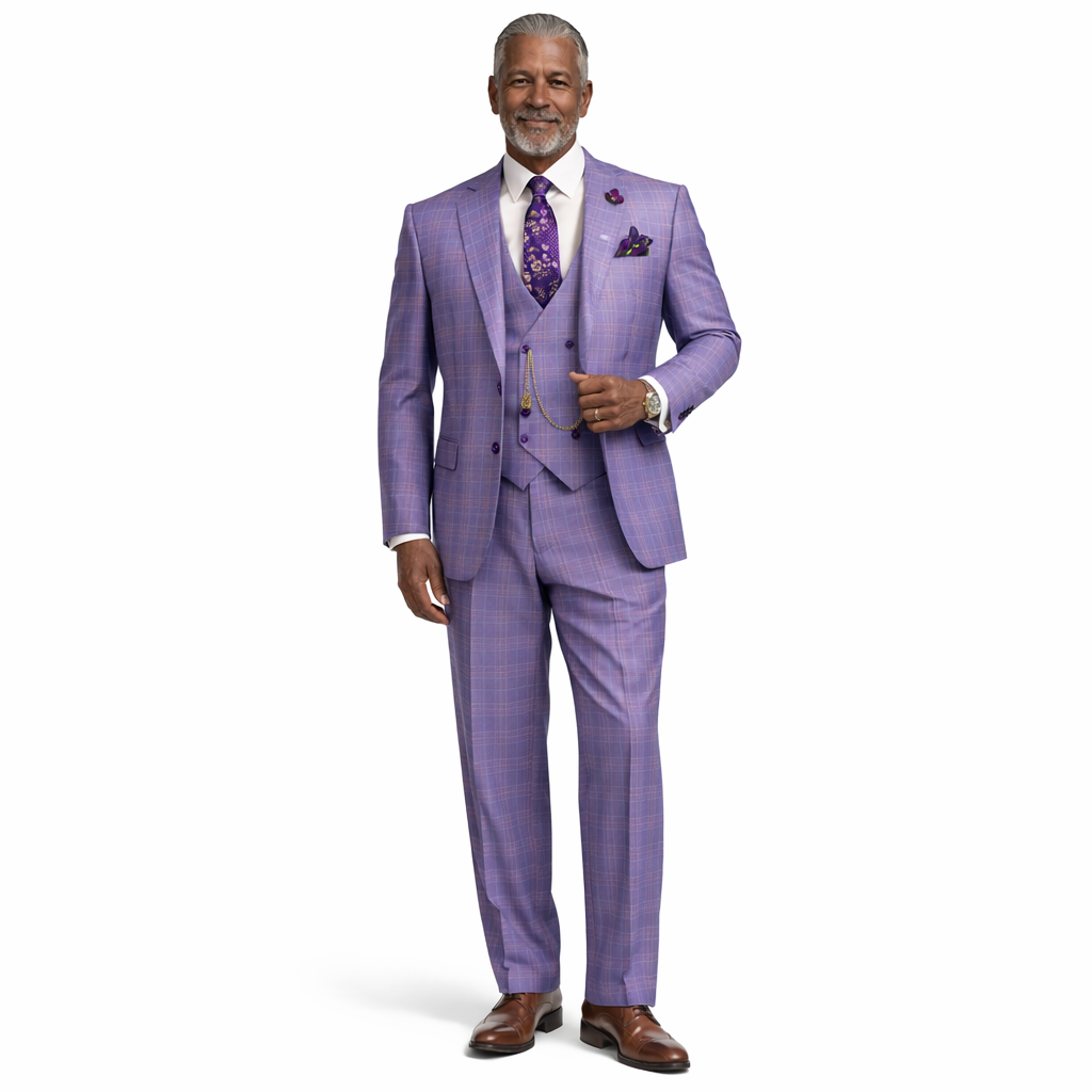 Men’s Glen Plaid 3 Piece Suit – Light Purple Regular Fit Double Breasted Vest V2RW7