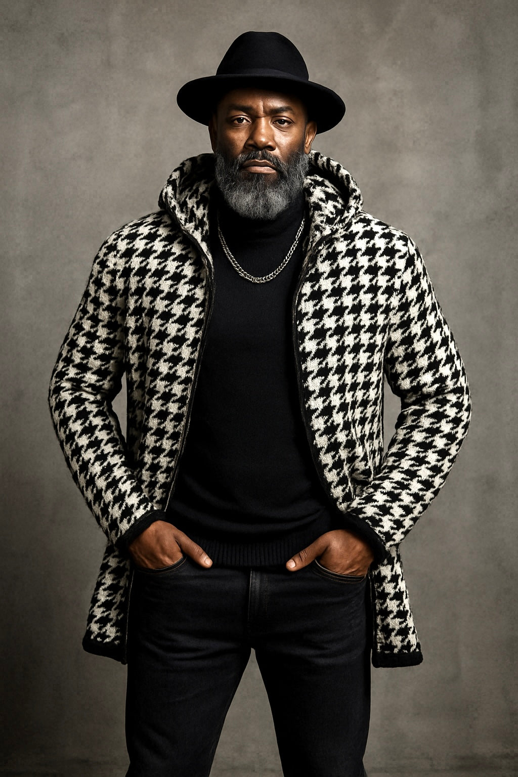 OIM "Houndstooth" Cardigan 3/4 Length Sweater Jacket (Black/White)