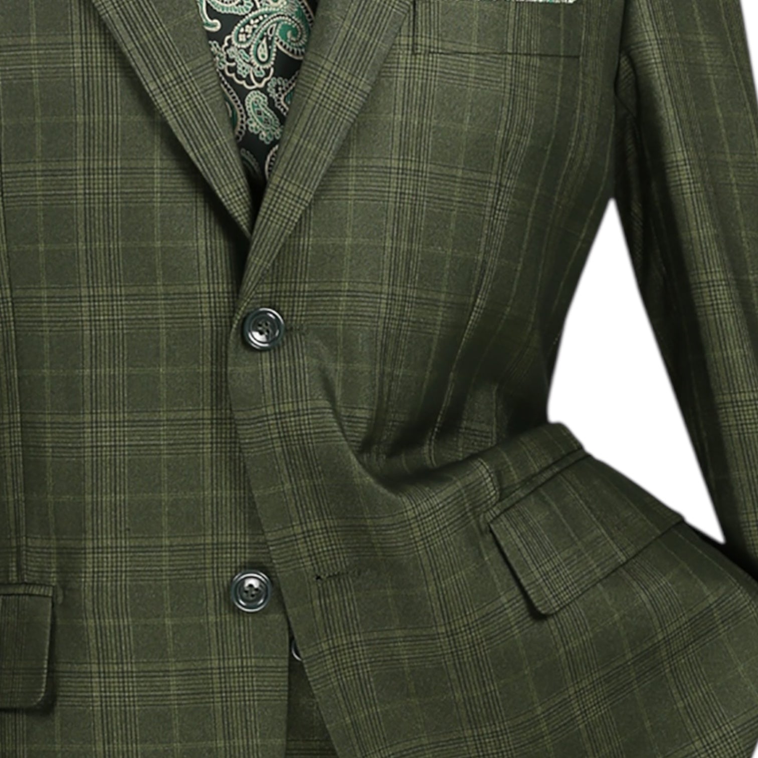 Men’s Glen Plaid 3 Piece Suit – Olive Regular Fit Double Breasted Vest V2RW7