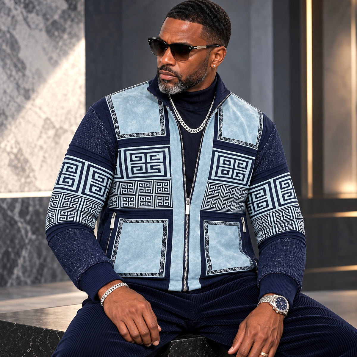 Silversilk Men’s Patchwork Sweater: 31003 Blue