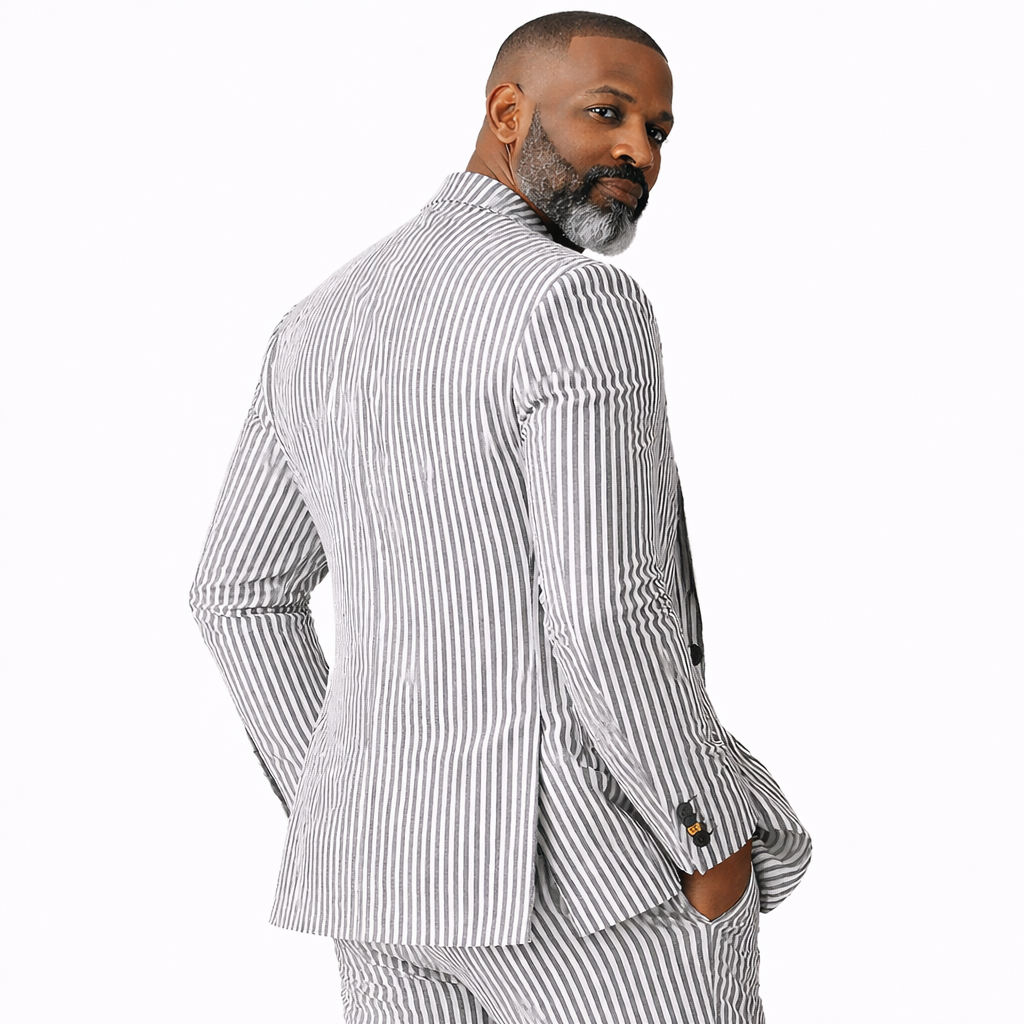 Inserch Men’s Premium Cotton Seersucker Stripe Suit – Black