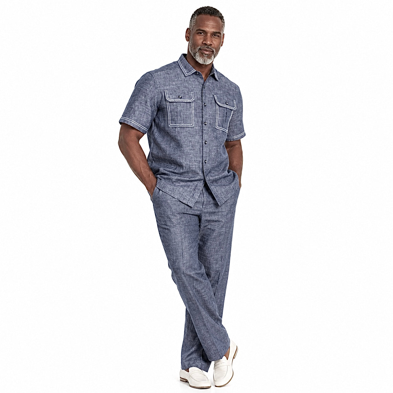 Prestige Men’s Stitched Linen Pant Set – Indigo (630)