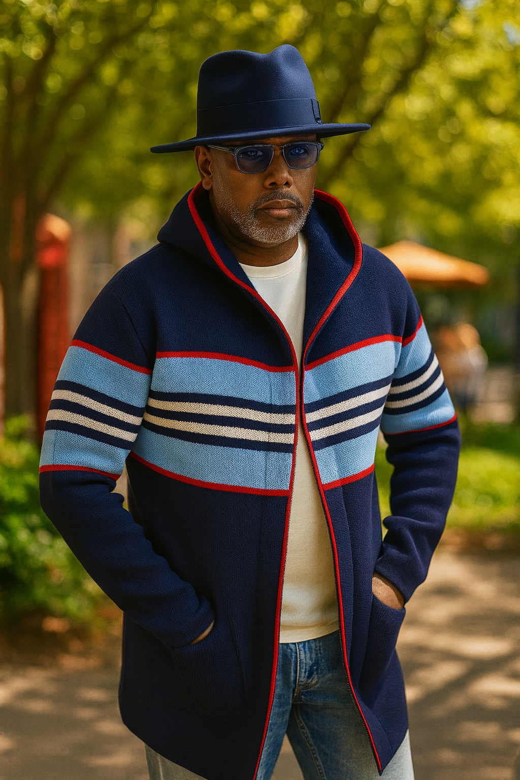 OIM "Burbs" Cardigan 3/4 Length Sweater Jacket (Navy/Sky/White)