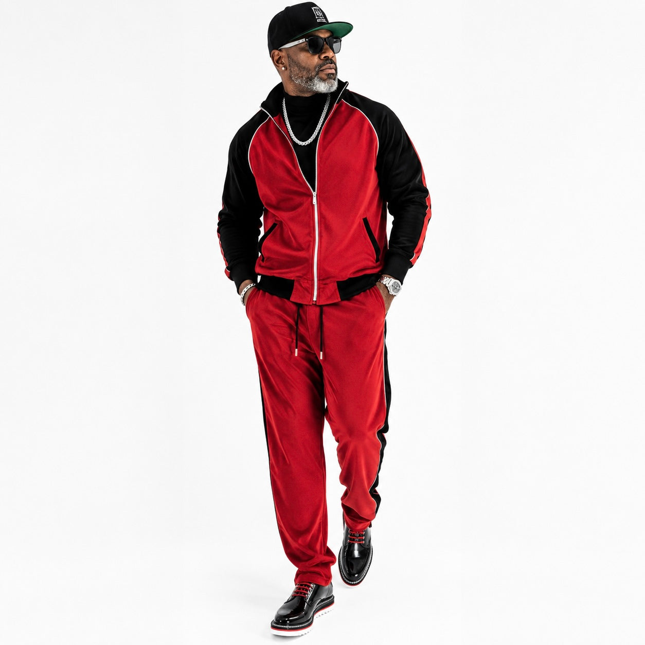 Inserch Men's Velour Track Jacket & Pant Set: Red/Black