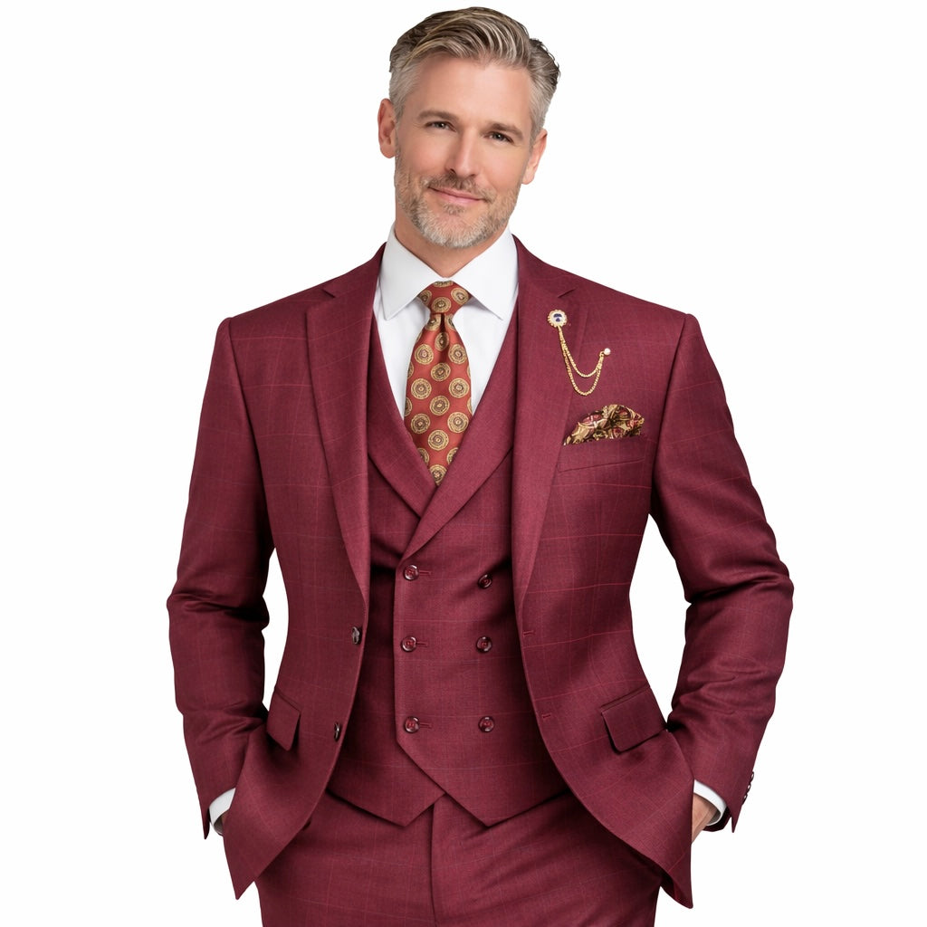 Mens Burgundy Windowpane Regular Fit 3 Piece Suit with Double Breasted Vest - V2RW 13