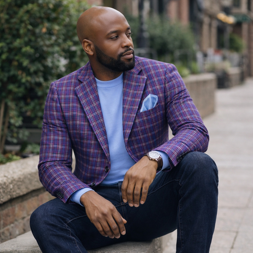 Inserch Men’s Multi-Color Houndstooth Blazer – Purple/Navy