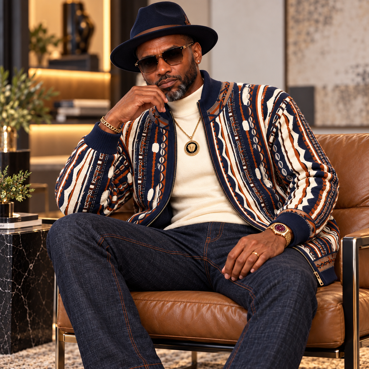Silversilk Men’s Bomber Sweater Jacket: Blue Cream Cognac