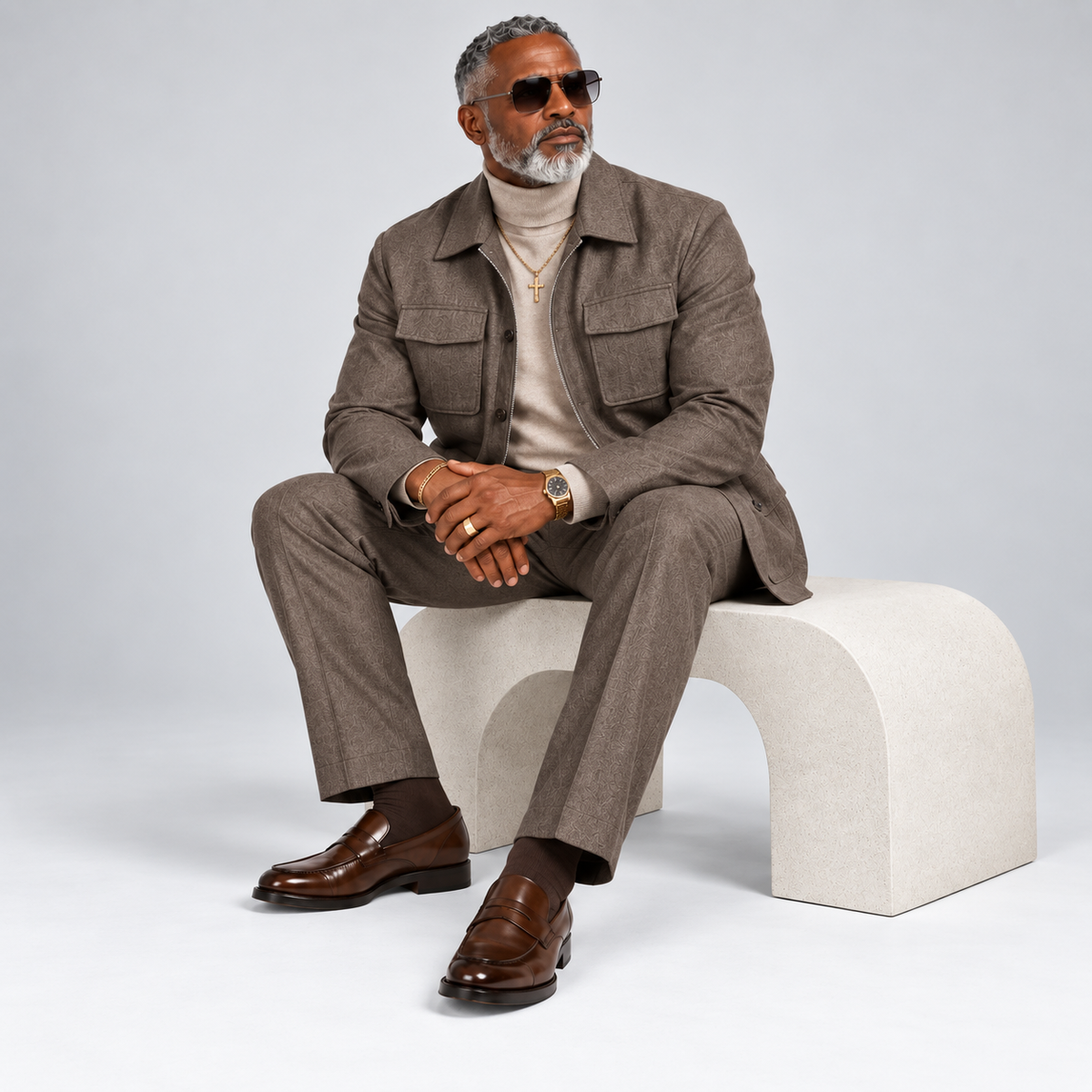 Robert Lewis Signature Zip-Front Jacket Pant Set - Brown
