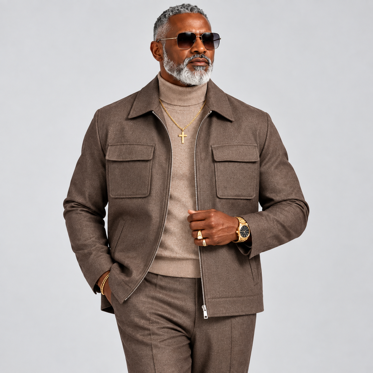 Robert Lewis Signature Zip-Front Jacket Pant Set - Brown