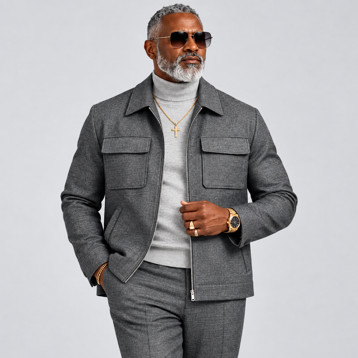 Robert Lewis Signature Zip-Front Jacket Pant Set - Gray