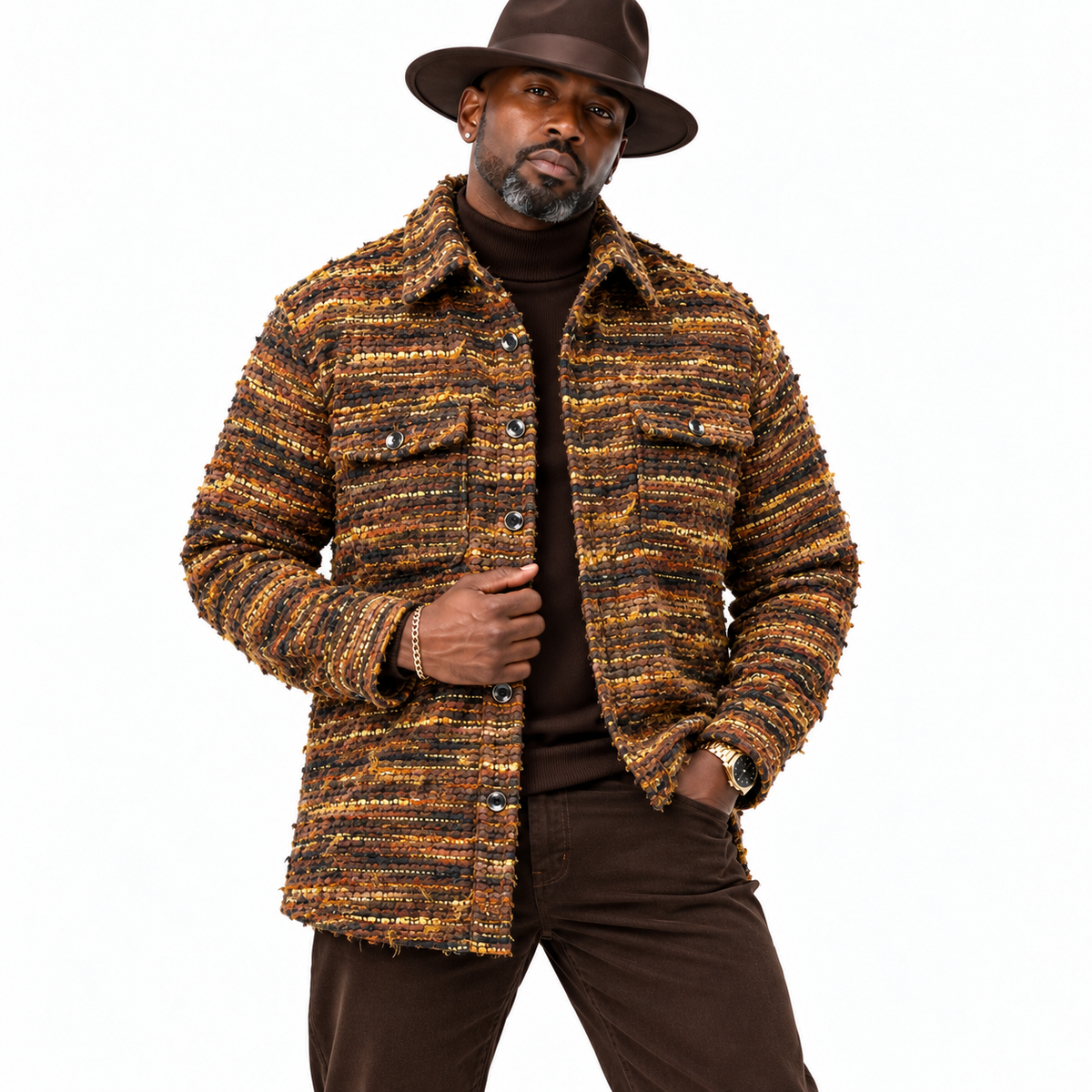 Lanzino Men’s Luxury Shirt Jacket – Black Gold Brown