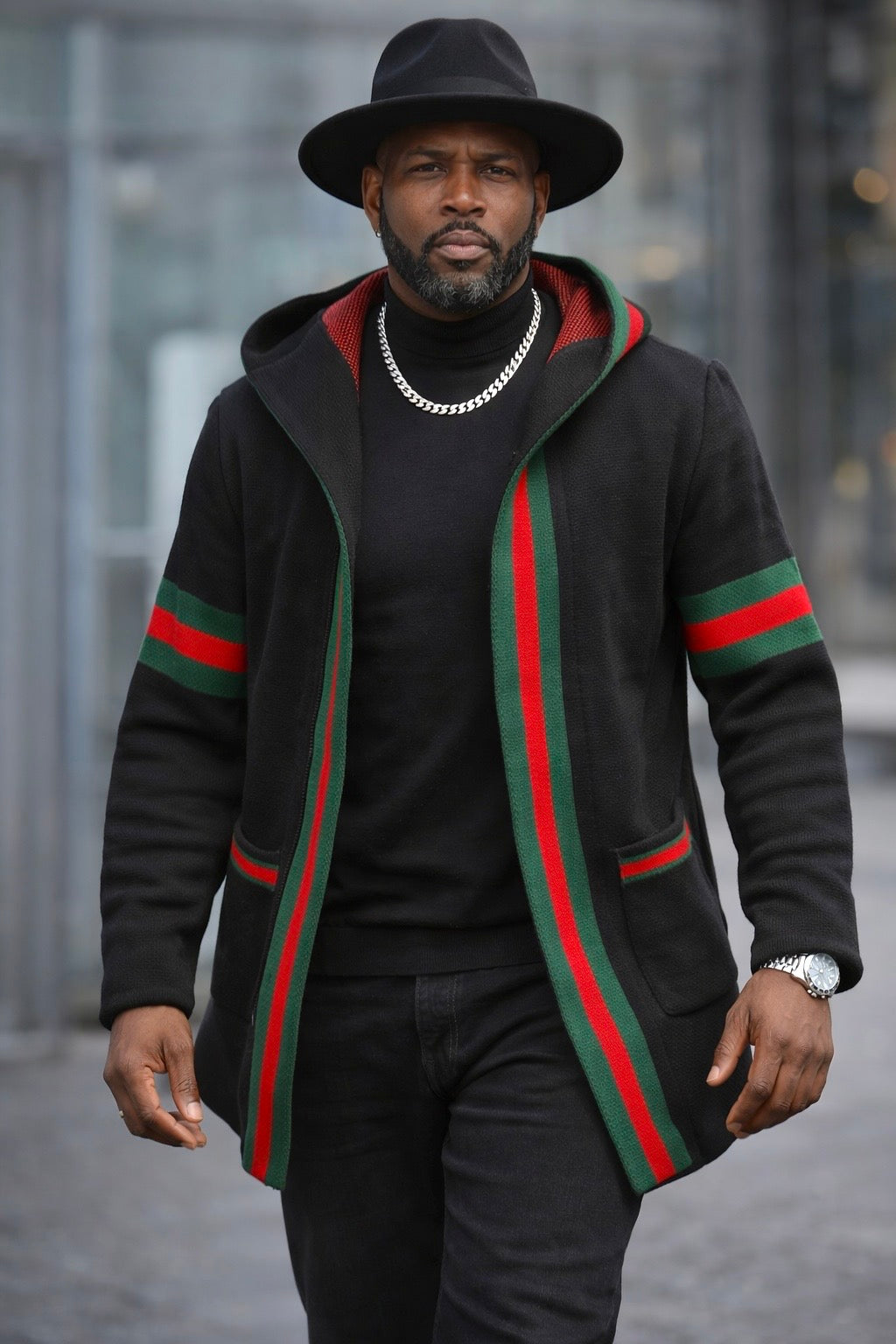 OIM "Designer" Cardigan 3/4 Length Sweater Jacket (Black/Red)