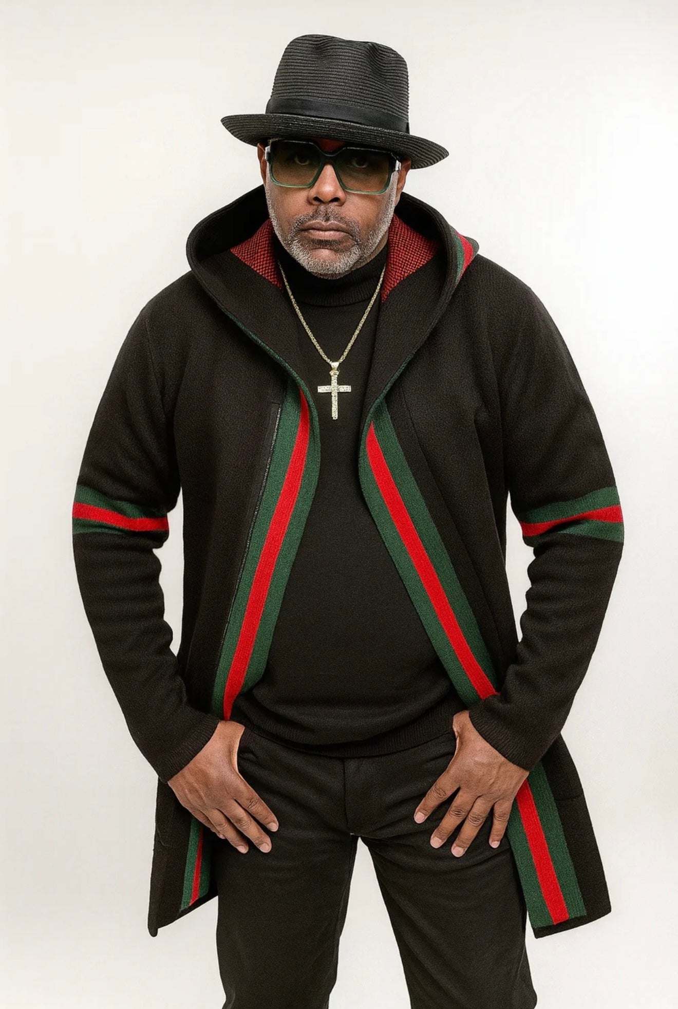 OIM "Designer" Cardigan 3/4 Length Sweater Jacket (Black/Red)