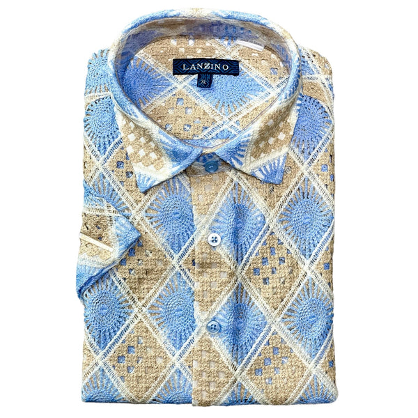 Lanzino "Woven" Short Sleeve Shirt (Blue) 077