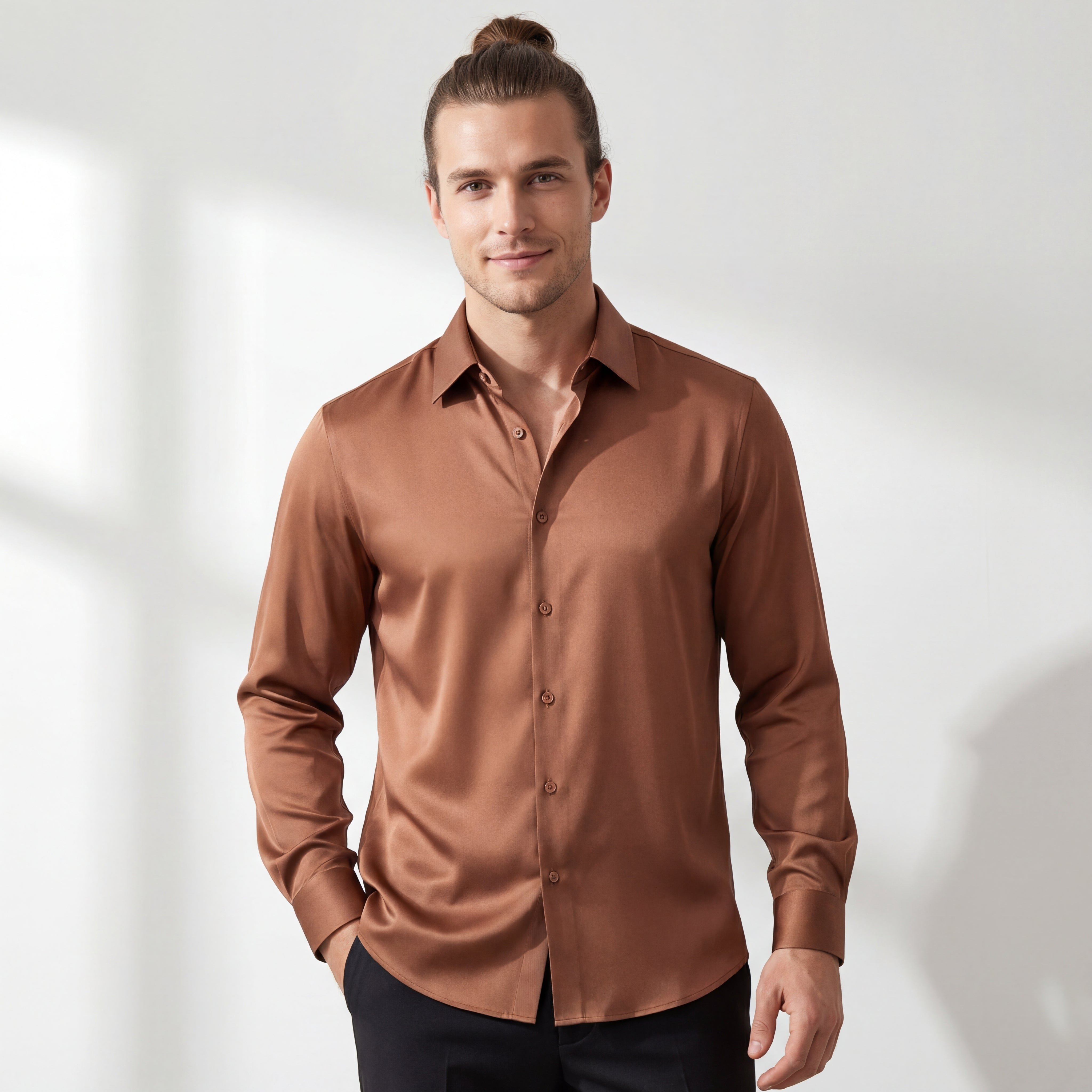 SIGNATURE SATIN STITCHLESS LS Shirt COFFEE