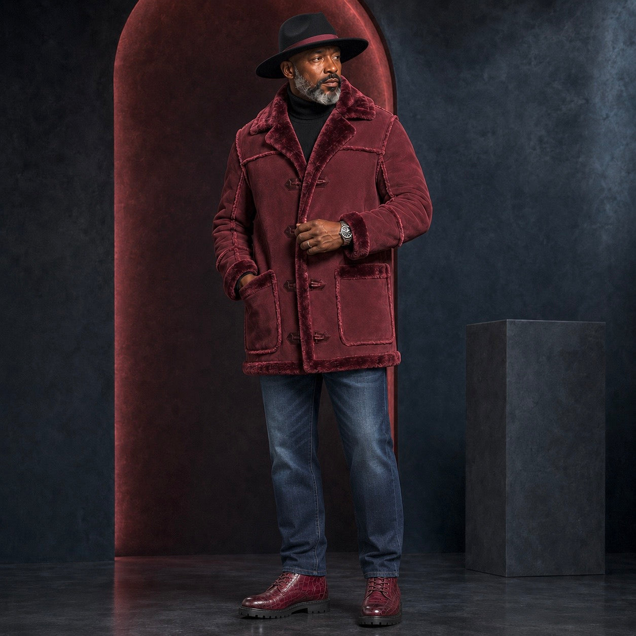 Jordan Craig Men’s Shearling Detachable Hooded Coat – Wine