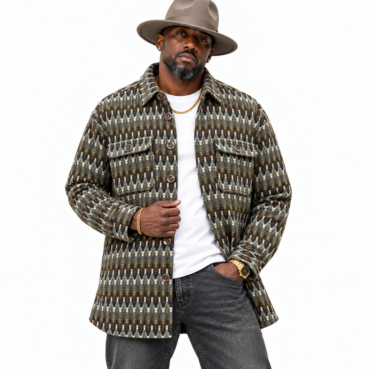 Lanzino Men’s Luxury Shirt Jacket – Gray Brown Black