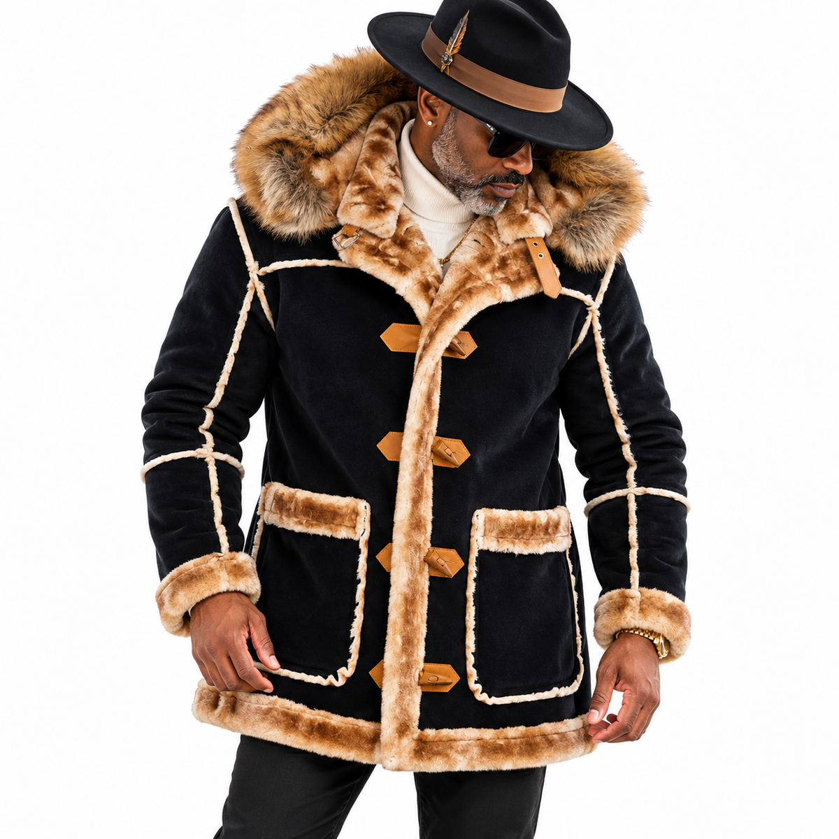 Jordan Craig Men’s Shearling Detachable Hooded Coat – Black Coffee