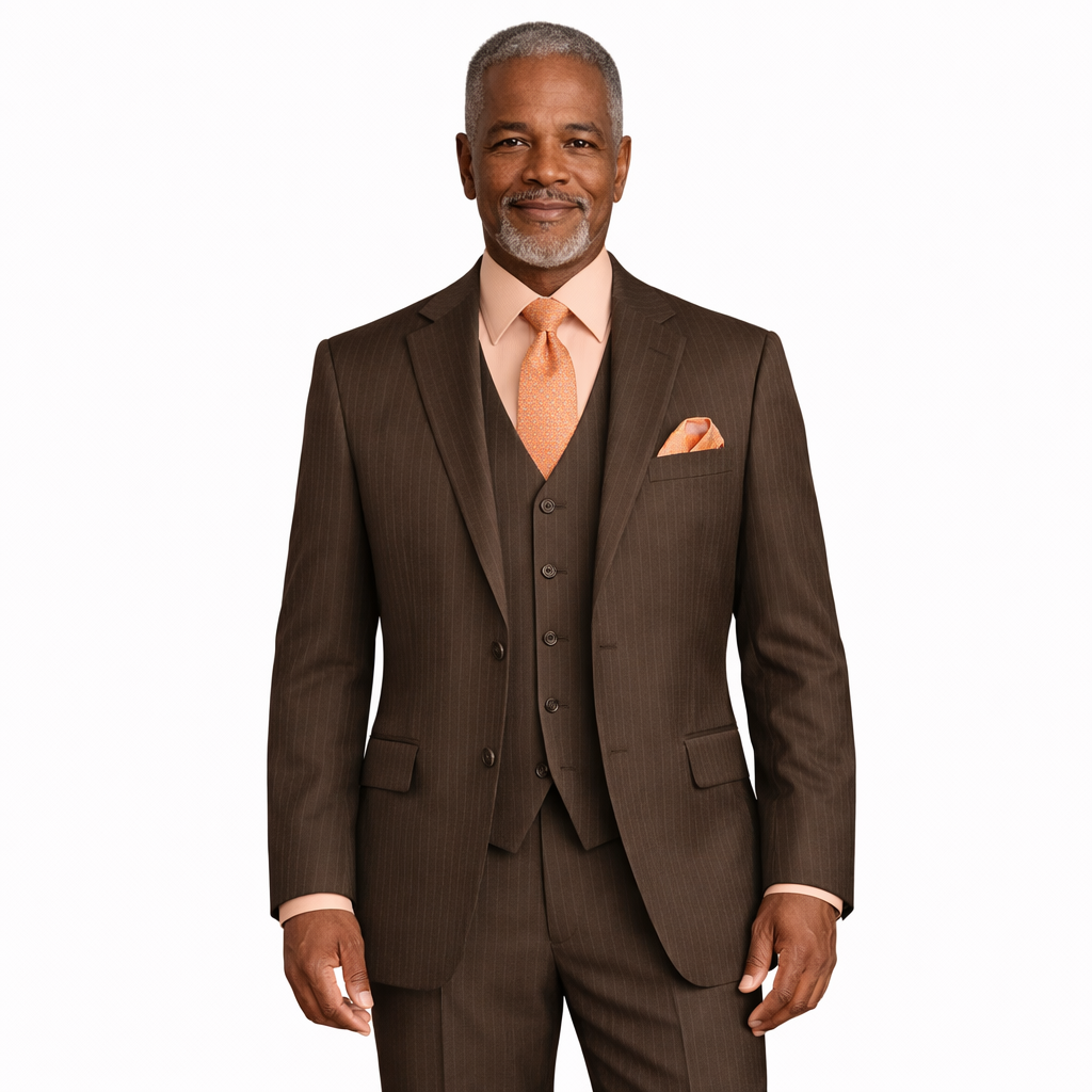 Men’s Shadow Stripe 3 Piece Suit – Brown Regular Fit Vest V2RS-7