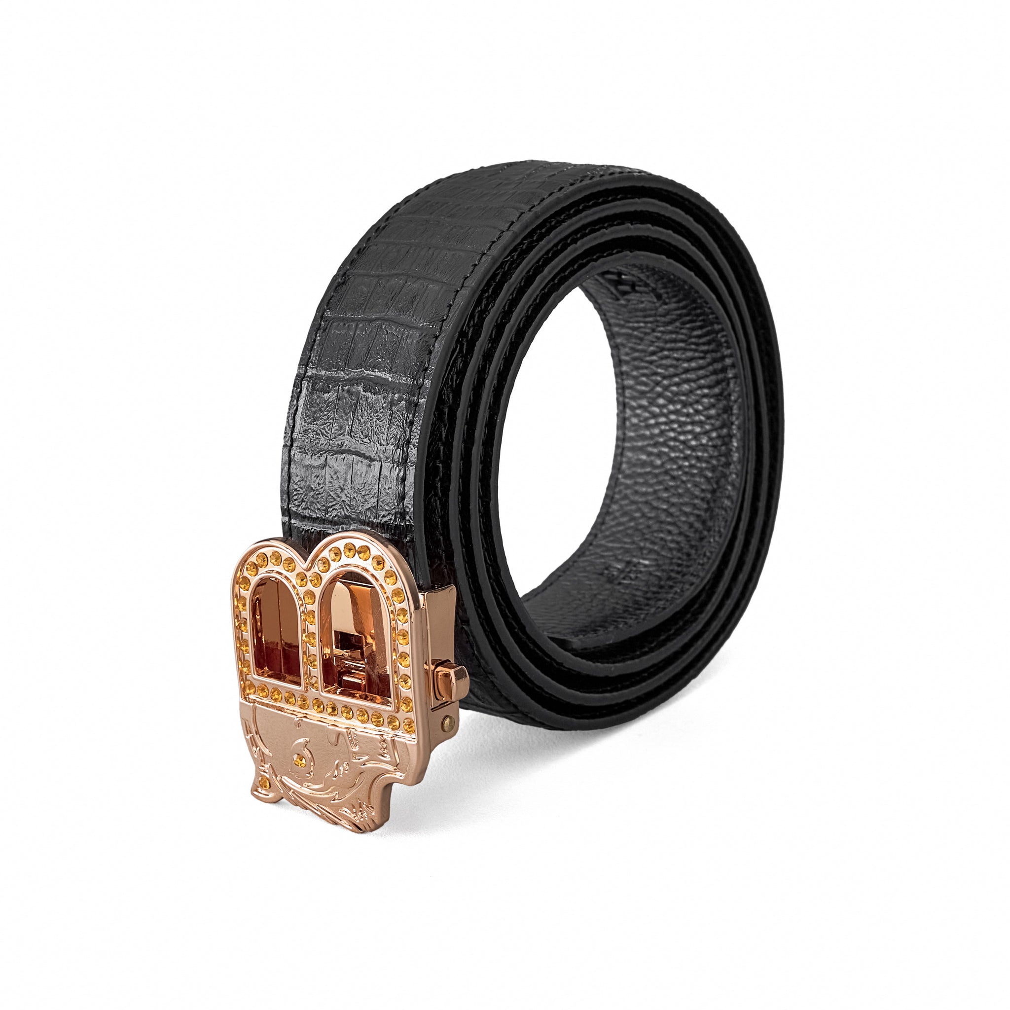 Croc-Embossed Leather Auto BKL Belt – Gold Edition GOLD/BLACK