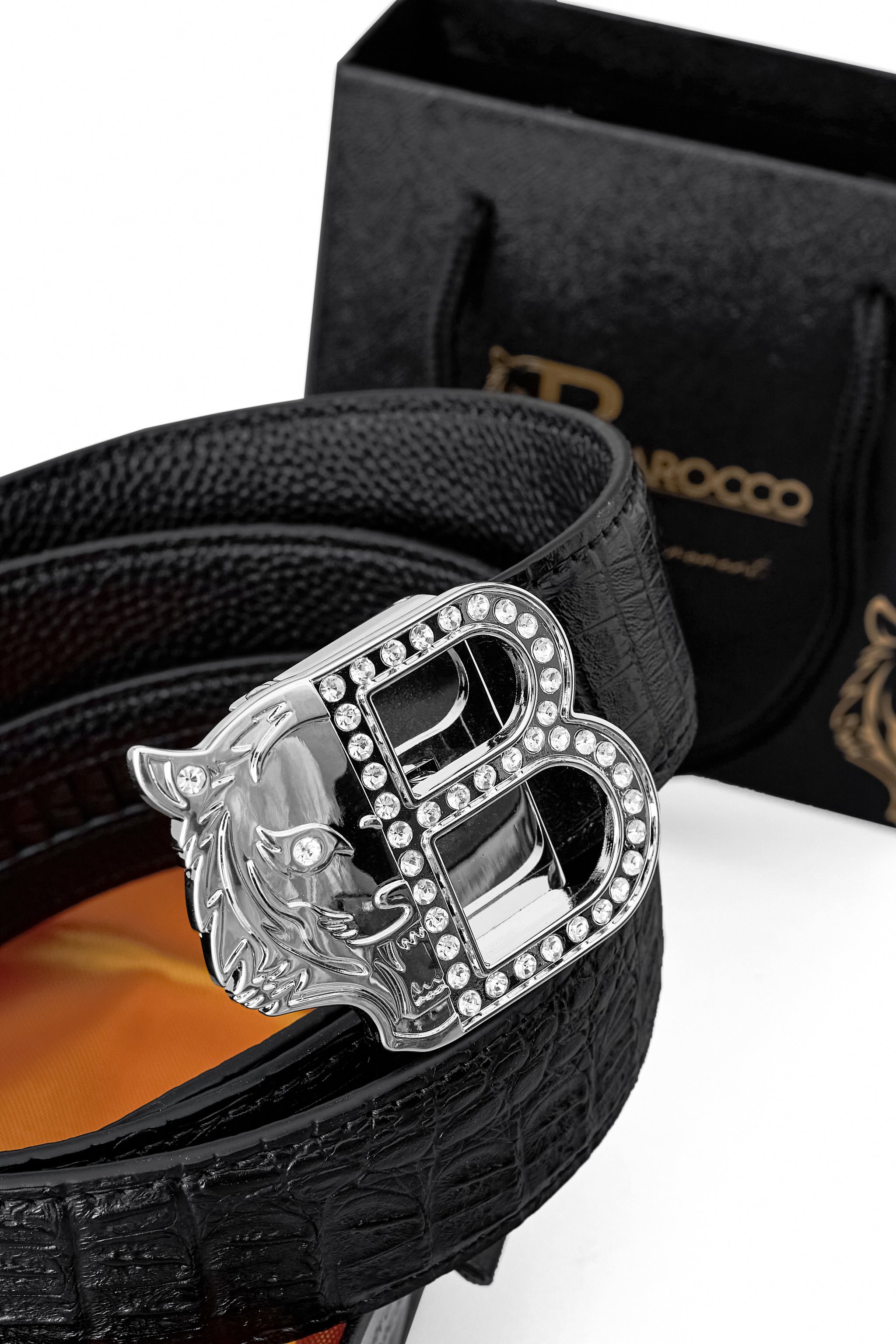 Croc-Embossed Leather Auto BKL Belt – Silver Ed. SILVER/BLACK