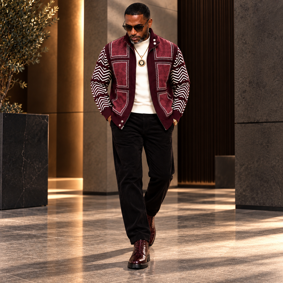 Silversilk Men’s Patchwork Sweater: 31006 Burgundy