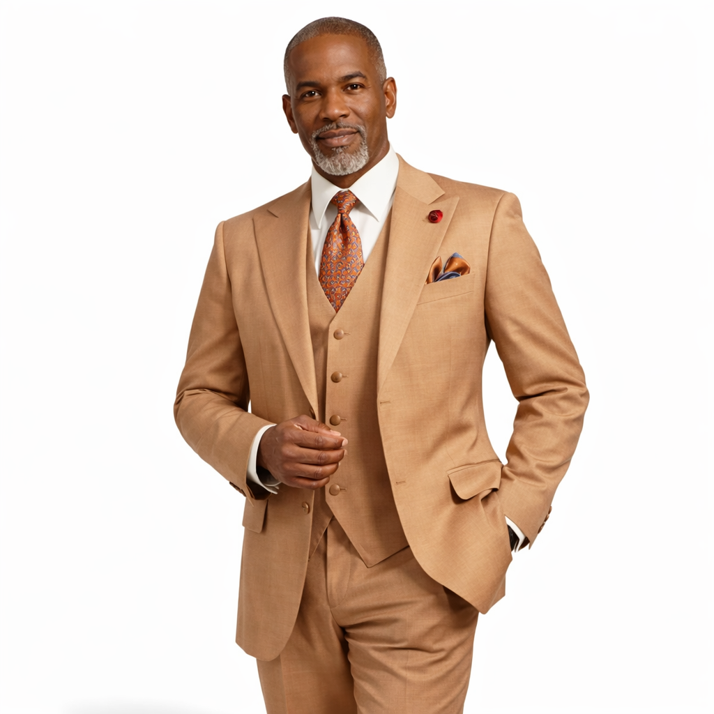 Men’s Solid 3 Piece Suit – Light Amber Regular Fit Vest V2RK-4