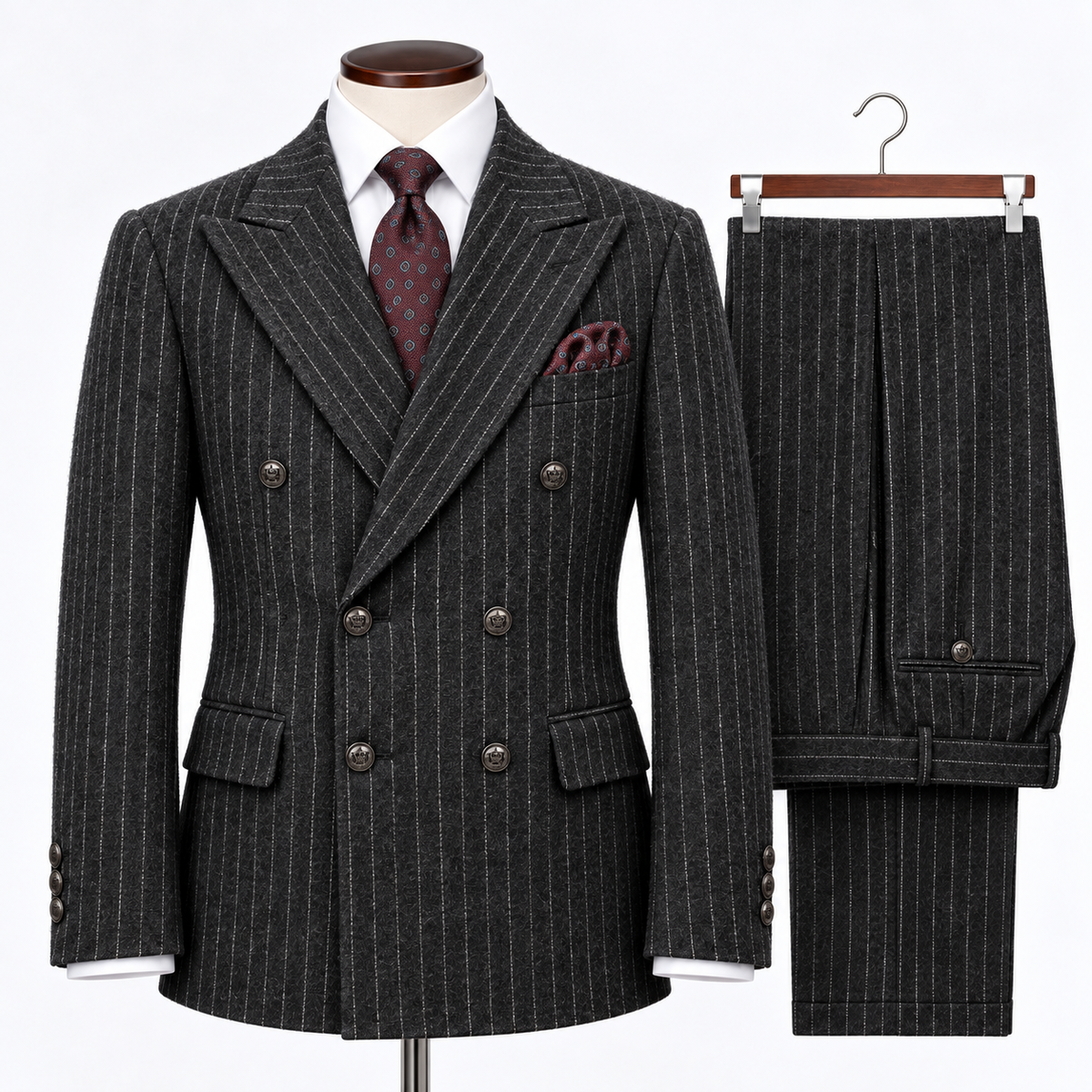 Inserch Wool Blend DB Wide Stripe Suit - Black