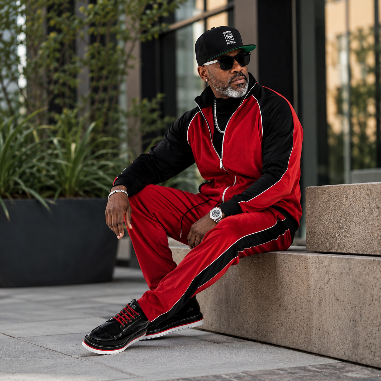 Inserch Men's Velour Track Jacket & Pant Set: Red/Black
