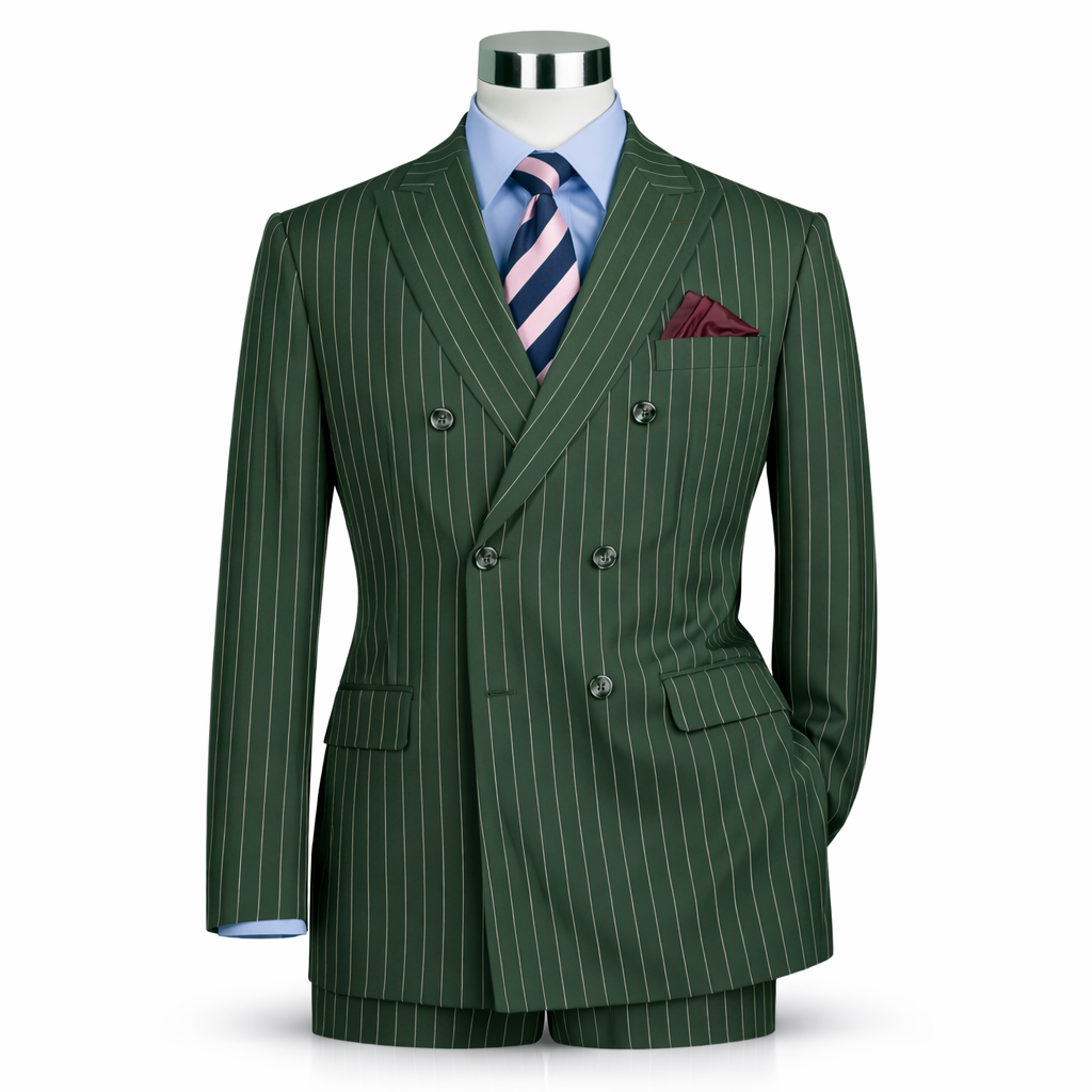 Men’s Double Breasted Pinstripe Suit – Hunter Green Relaxed Fit 2 Piece FDSS