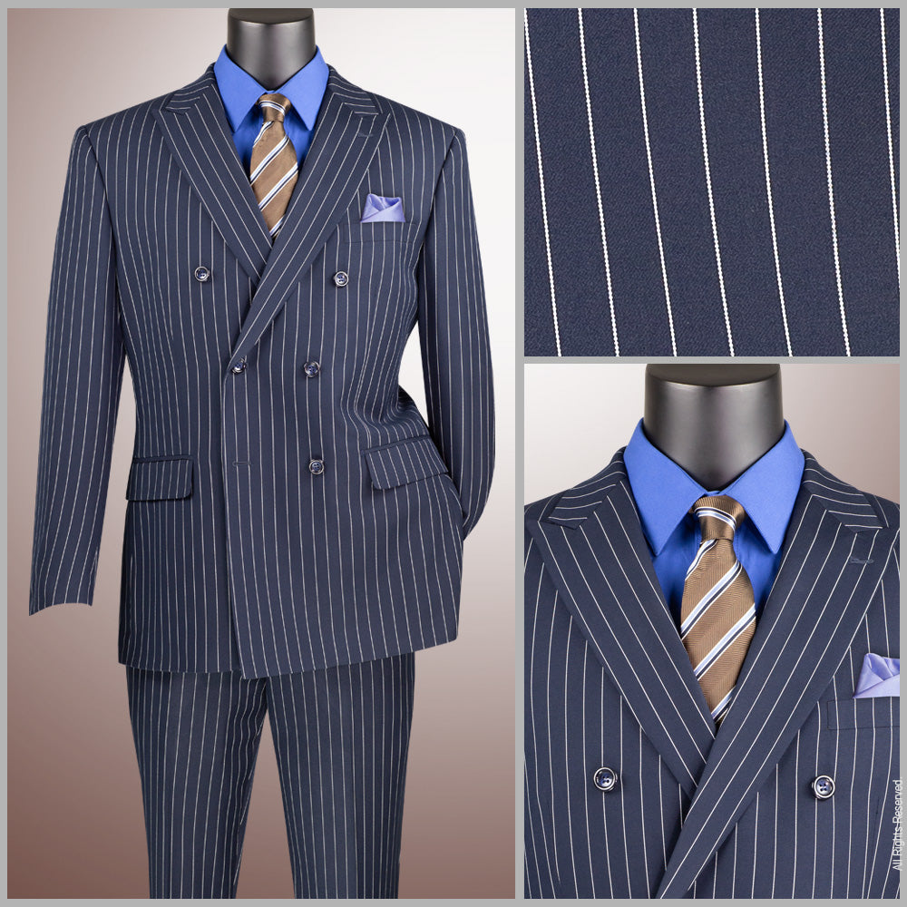 Men’s Double Breasted Pinstripe Suit – Navy Relaxed Fit 2 Piece FDSS