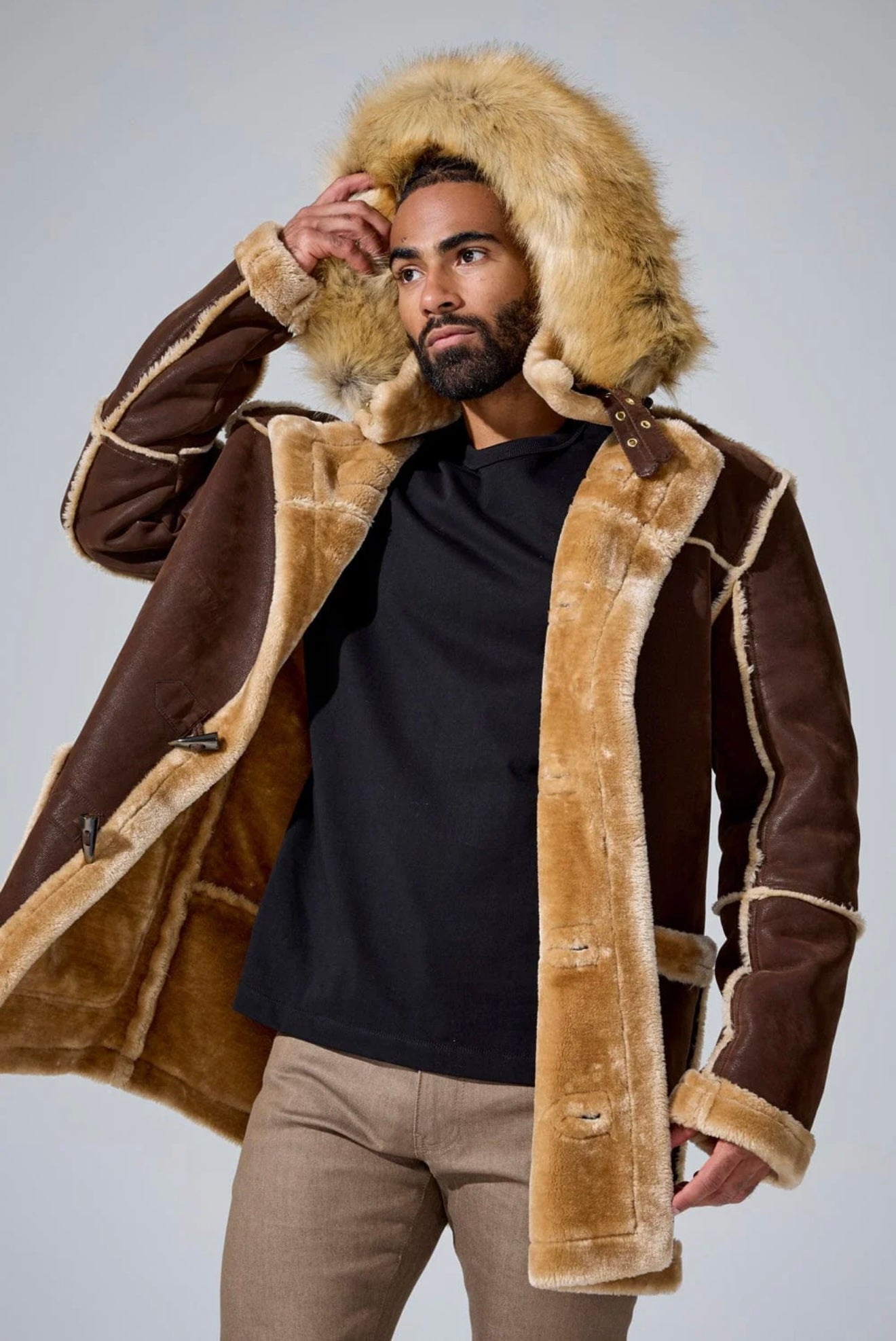 3/4 Length Faux Shearling Coat – Brown -Jordan Craig