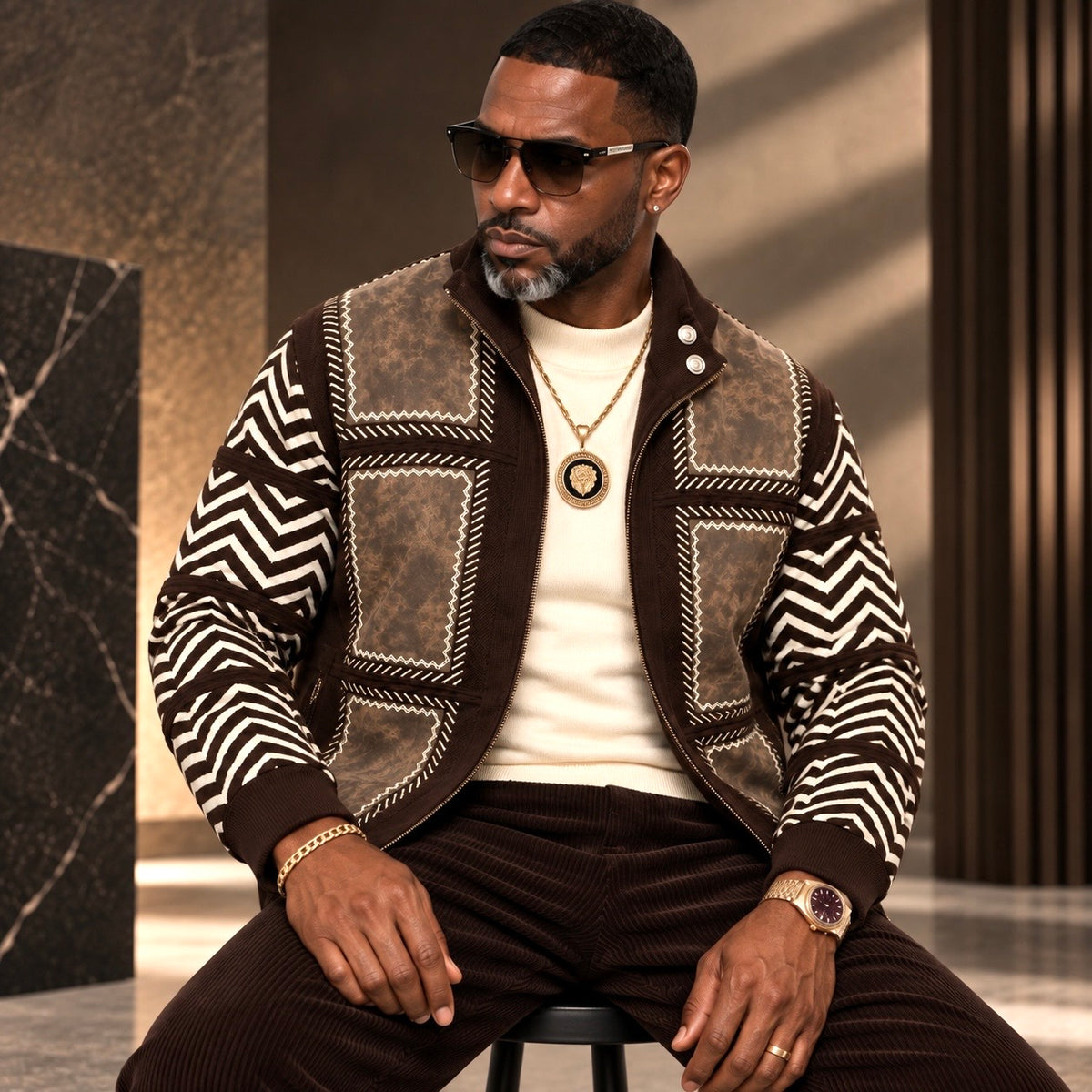 Silversilk Men’s Patchwork Full-Zip Sweater Jacket: Brown