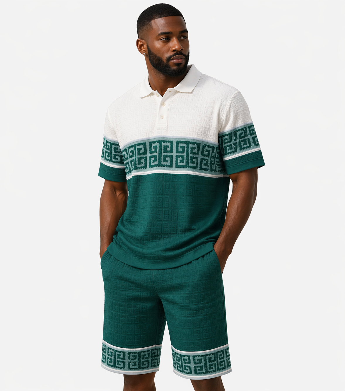 Stacy Adams Greek Key Short Set - Teal White