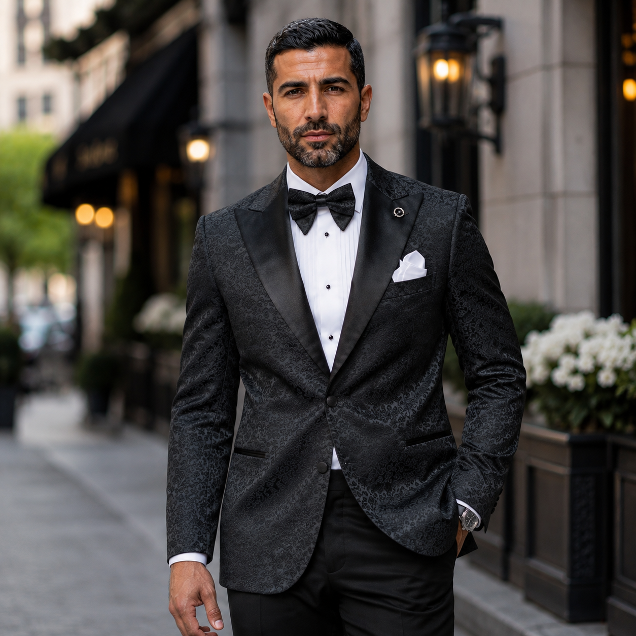 Men’s Floral Peak Lapel Blazer with Matching Bow Tie – Black