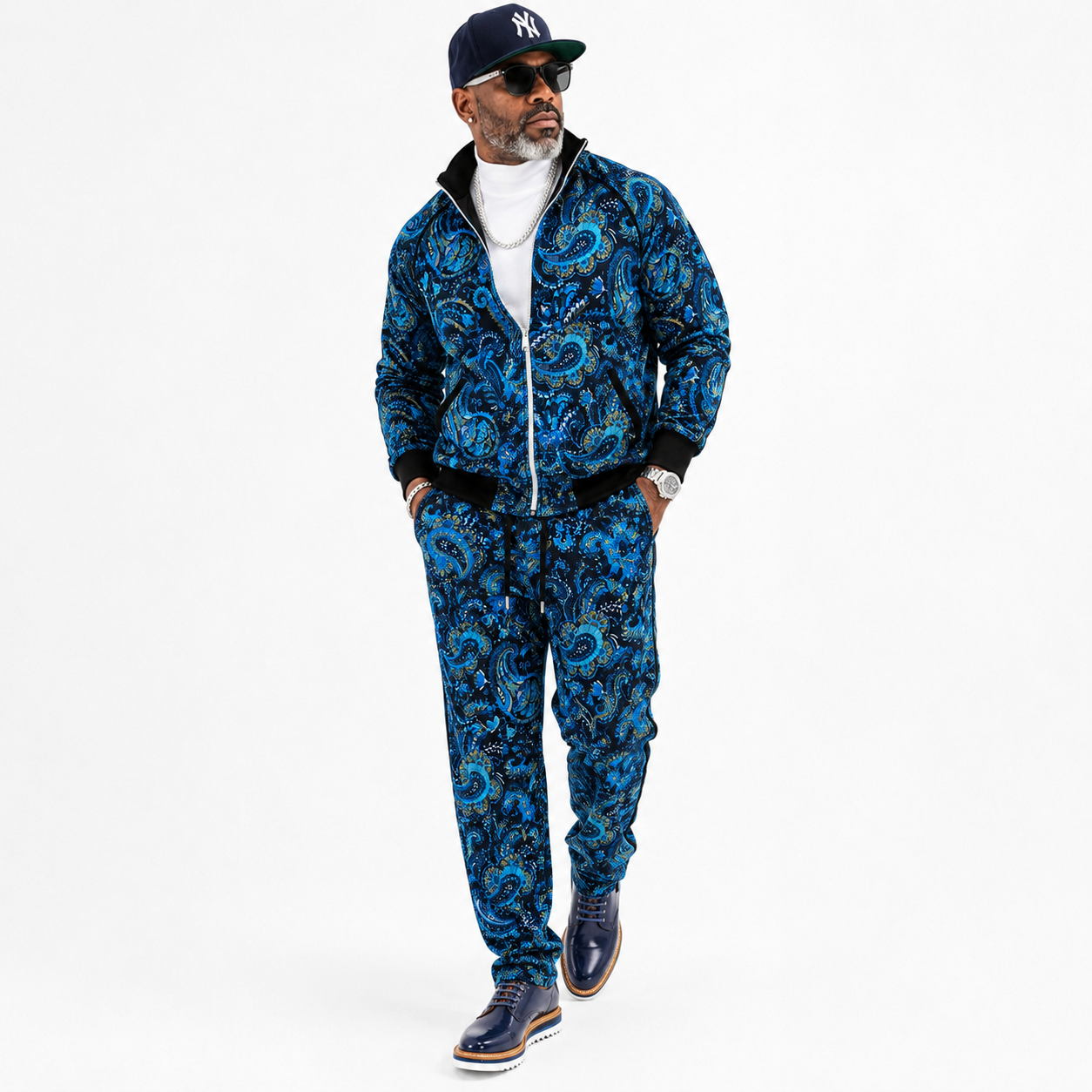 Inserch Men's Paisley Velour Track Jacket & Pant Set: Indigo