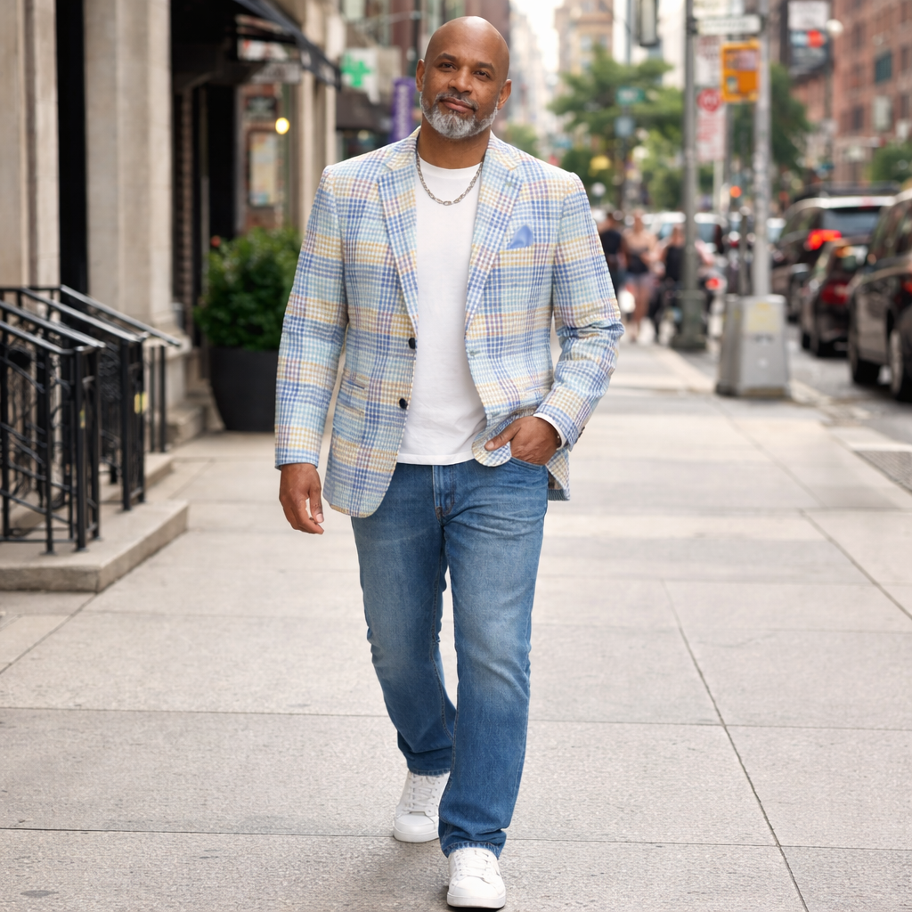 Inserch Seersucker Check Blazer – Blue Tan Multi Plaid Sport Coat – BL262 Modern Fit