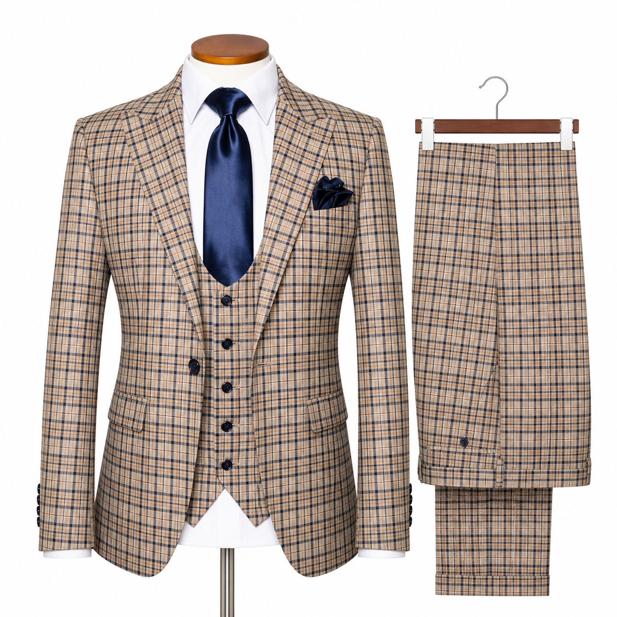 Rossi Man Modern Fit 3-Piece Vested Suit - Tan Navy 2010