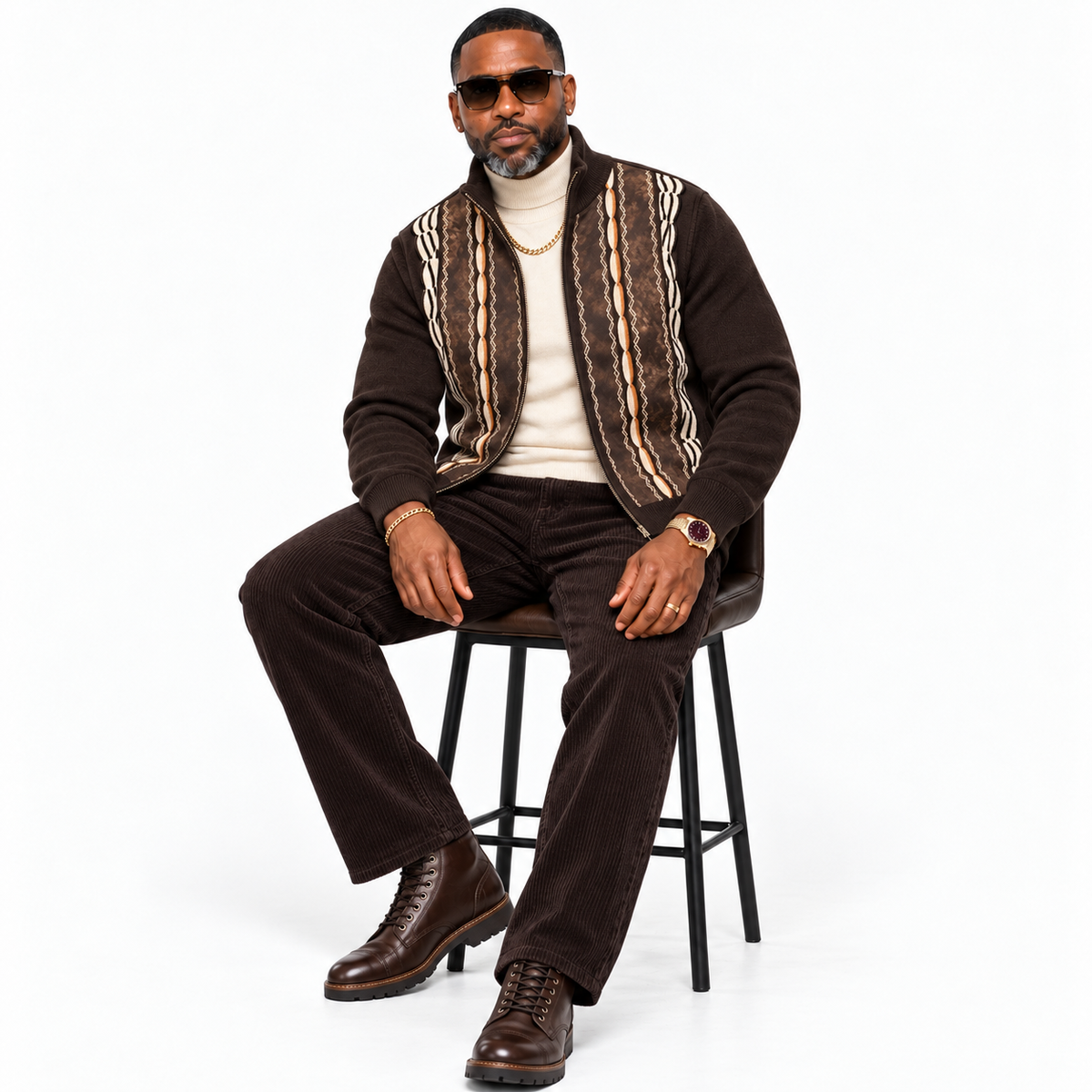 Silversilk Men’s Heritage Stripe Full-Zip Sweater Jacket: Chocolate Brown