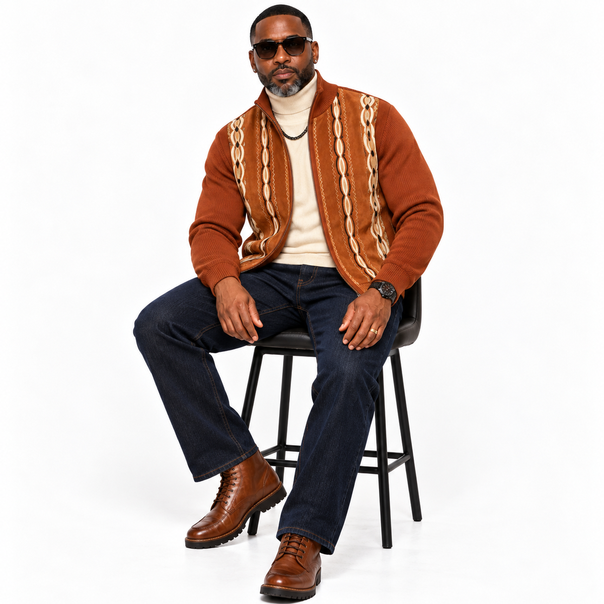 Silversilk Men’s Heritage Stripe Full-Zip Sweater Jacket: Rust Cognac