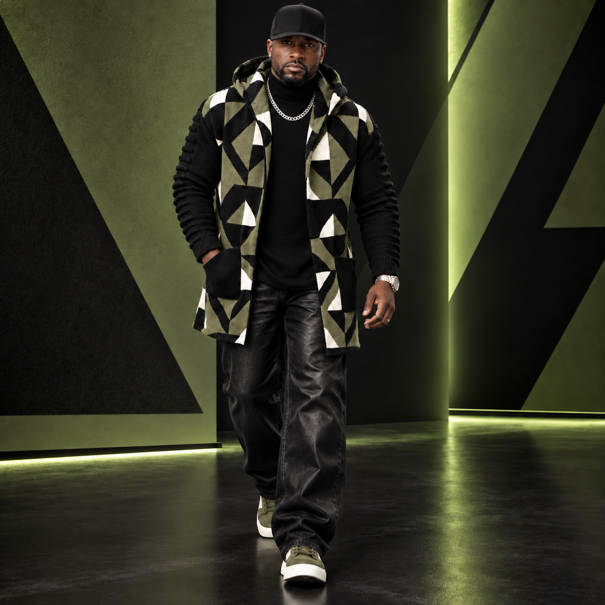 OIM Geometric Cardigan 3/4 Length Sweater Jacket Green