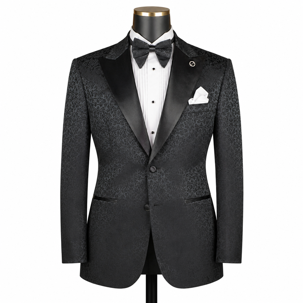 Men’s Floral Peak Lapel Blazer with Matching Bow Tie – Black