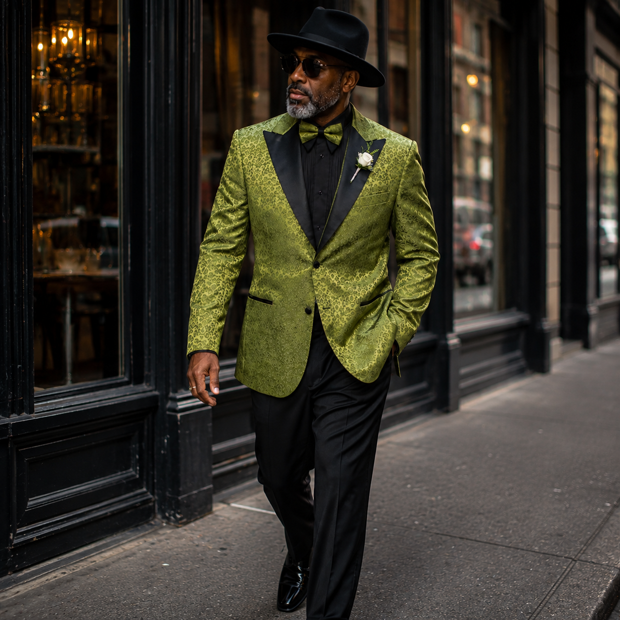 Men’s Floral Peak Lapel Blazer with Matching Bow Tie – Pesto