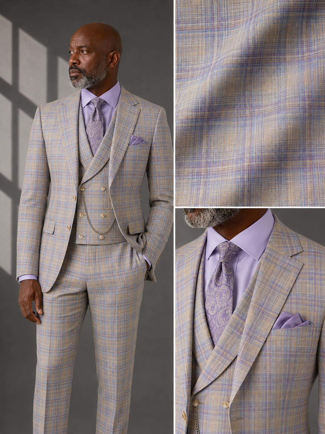 Men’s Blue Modern Fit Windowpane 3-Piece Suit with Double-Breasted Vest MV2W-3