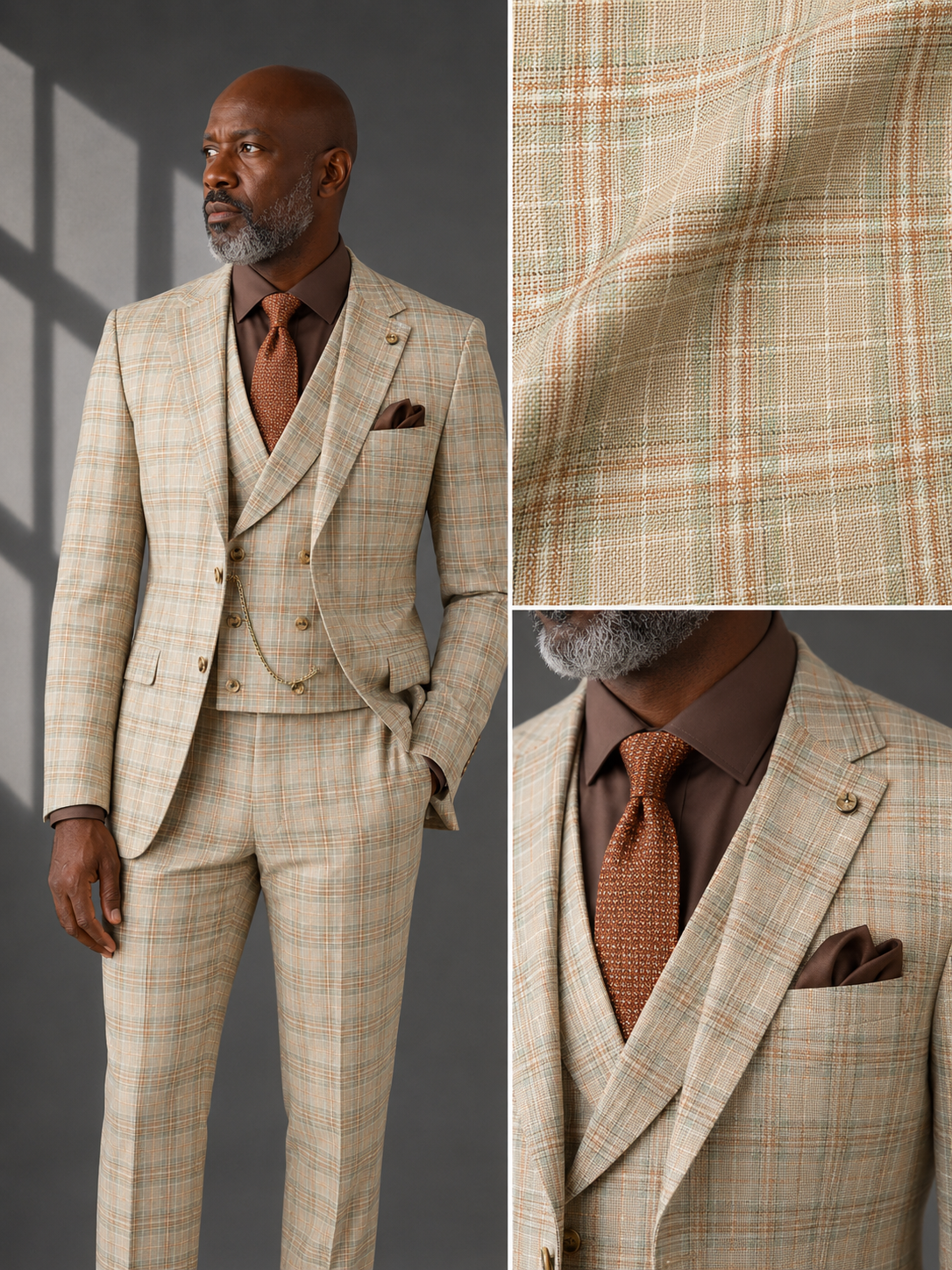 Men’s Khaki Modern Fit Windowpane 3-Piece Suit with Double-Breasted Vest MV2W-3
